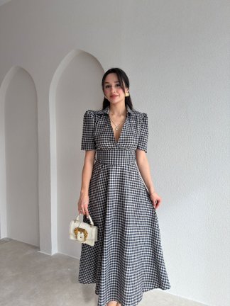 VALENCİA Ekoseli Midi Elbise 8996 - Kahverengi - 2