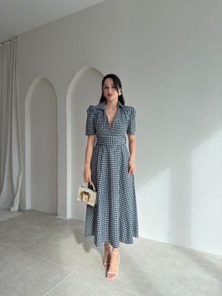 VALENCİA Ekoseli Midi Elbise 8996 - Lacivert - 1