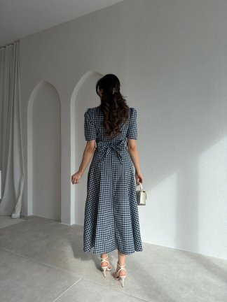 VALENCİA Ekoseli Midi Elbise 8996 - Lacivert - 3