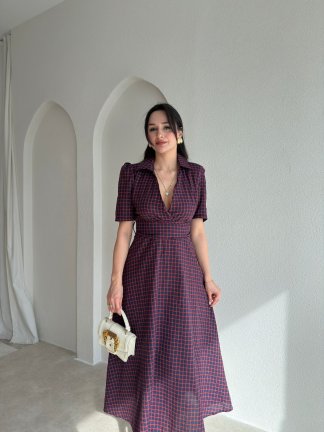 VALENCİA Ekoseli Midi Elbise 8996 - Mürdüm - 2