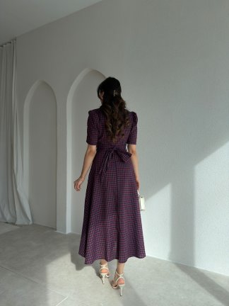 VALENCİA Ekoseli Midi Elbise 8996 - Mürdüm - 3