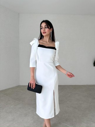 Vatkalı Midi HİNTON Elbise 2082 - Beyaz - 2