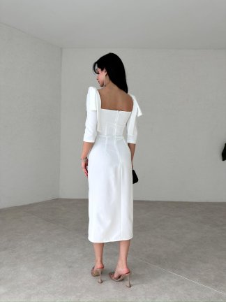 Vatkalı Midi HİNTON Elbise 2082 - Beyaz - 4