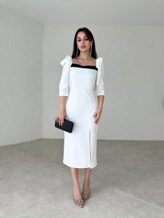 Vatkalı Midi HİNTON Elbise 2082 - Beyaz - 3