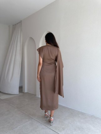 VELRA Saten Midi Elbise 3773 - Kahverengi - 3