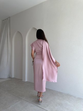 VELRA Saten Midi Elbise 3773 - Pudra - 3