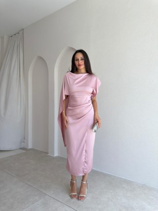 VELRA Saten Midi Elbise 3773 - Pudra 