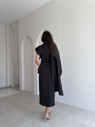 VELRA Saten Midi Elbise 3773 - Siyah - 3