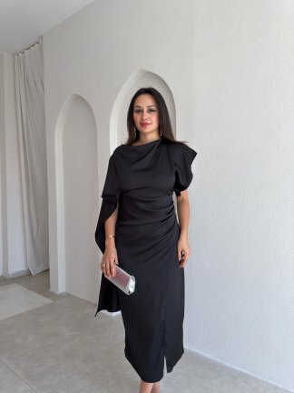 VELRA Saten Midi Elbise 3773 - Siyah - 2