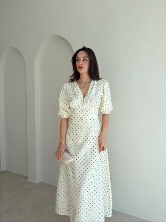 VEROS Puantiyeli Midi Elbise 3942 - Beyaz - 2