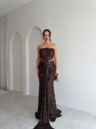 VİANA Payetli Maxi Elbise 4043 - Kahverengi 