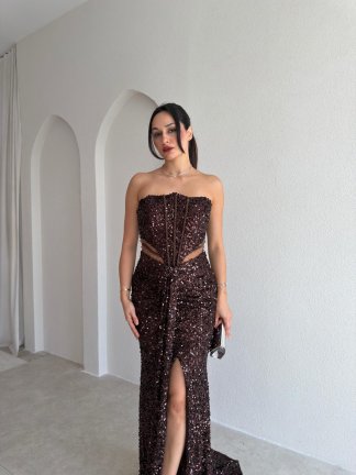 VİANA Payetli Maxi Elbise 4043 - Kahverengi - 2