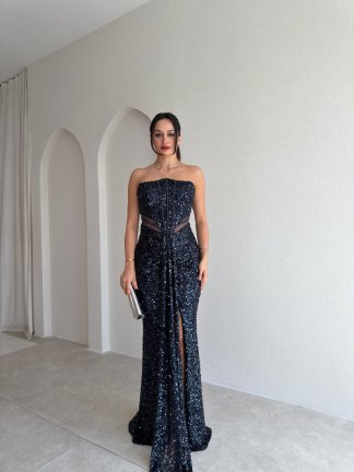 VİANA Payetli Maxi Elbise 4043 - Lacivert 