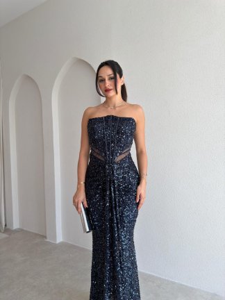 VİANA Payetli Maxi Elbise 4043 - Lacivert - 2