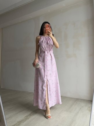 VİNO Bağlama Detaylı Çiçekli Elbise 4239 - Pembe - 4