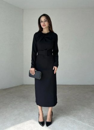 VİOLA Kemerli Midi Elbise 1009 - Siyah - 1