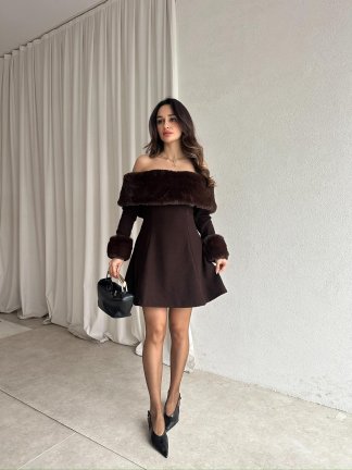 VİOLET Kürk Yaka Elbise 8706 - Acı Kahve - 2