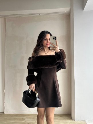 VİOLET Kürk Yaka Elbise 8706 - Acı Kahve - 3