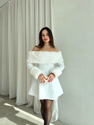 VİOLET Kürk Yaka Elbise 8706 - Beyaz - 1