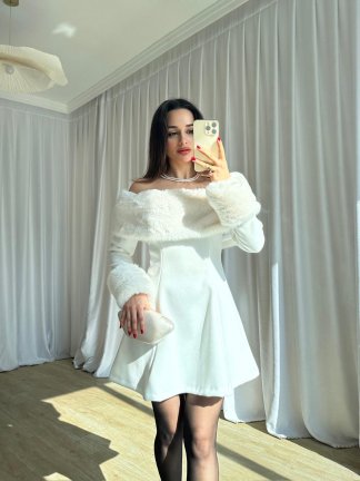 VİOLET Kürk Yaka Elbise 8706 - Beyaz - 3