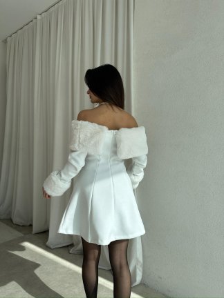 VİOLET Kürk Yaka Elbise 8706 - Beyaz - 4