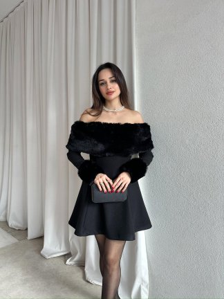 VİOLET Kürk Yaka Elbise 8706 - Siyah 