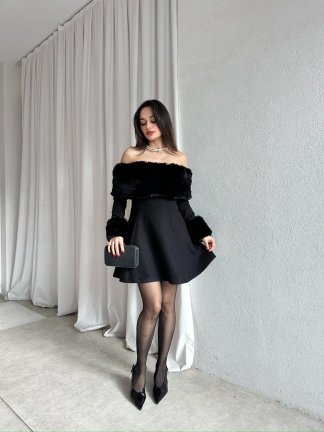 VİOLET Kürk Yaka Elbise 8706 - Siyah - 2