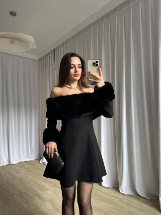 VİOLET Kürk Yaka Elbise 8706 - Siyah - 3