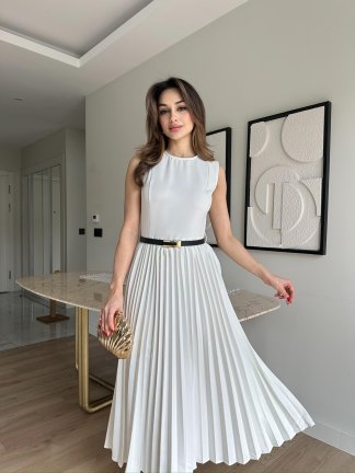 VOVİA Midi Elbise 8777 - Beyaz 