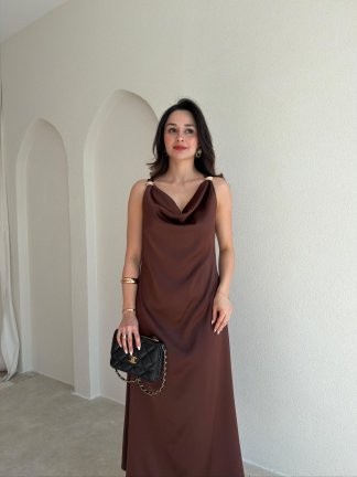 WALERY Omuz Tokalı Midi Elbise 9052 - Acı Kahve 