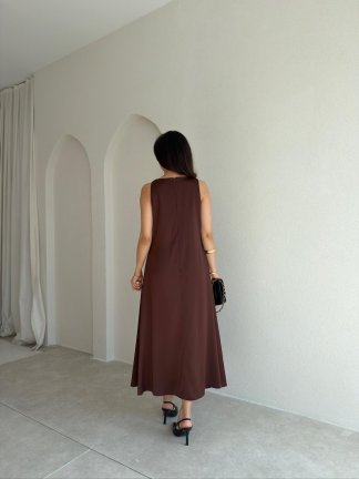 WALERY Omuz Tokalı Midi Elbise 9052 - Acı Kahve - 3