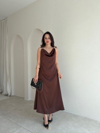 WALERY Omuz Tokalı Midi Elbise 9052 - Acı Kahve - 2