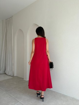 WALERY Omuz Tokalı Midi Elbise 9052 - Kırmızı - 3
