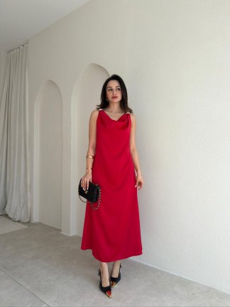 WALERY Omuz Tokalı Midi Elbise 9052 - Kırmızı - 2