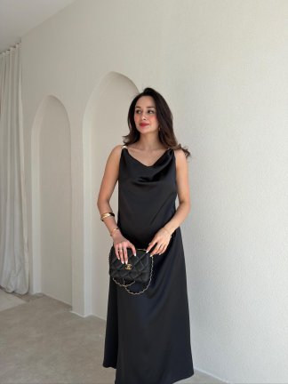 WALERY Omuz Tokalı Midi Elbise 9052 - Siyah - 1