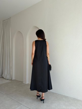 WALERY Omuz Tokalı Midi Elbise 9052 - Siyah - 3