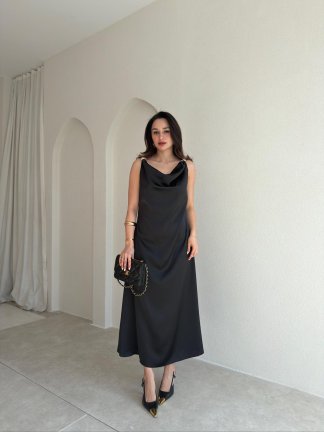 WALERY Omuz Tokalı Midi Elbise 9052 - Siyah - 2