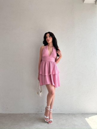 WARSHEL Mini Elbise 2872 - Pudra - 2