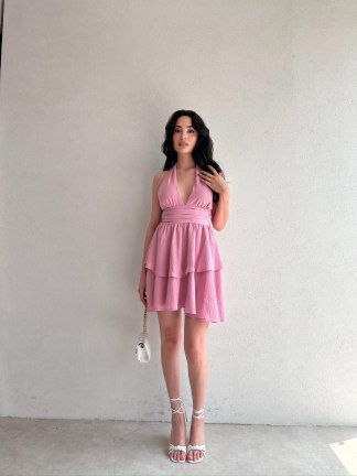 WARSHEL Mini Elbise 2872 - Pudra - 4