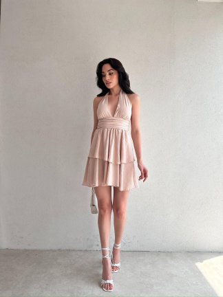 WARSHEL Mini Elbise 2872 - Vizon - 3