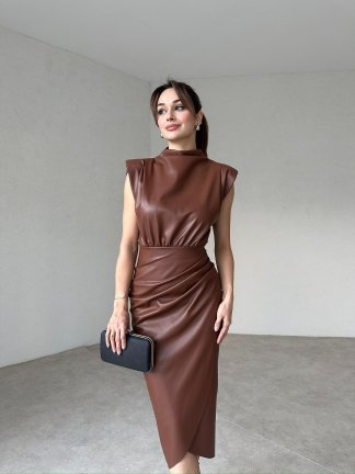 WELLİNG Midi Deri Elbise 0713 - Kahverengi 