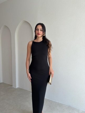WENDA Broş Detaylı Maxi Elbise 6259 - Siyah - 2
