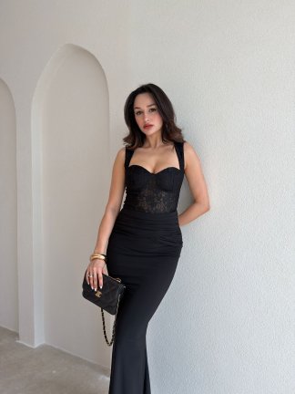 WESLEY Maxi Dantelli Elbise 9004 - Siyah - 2