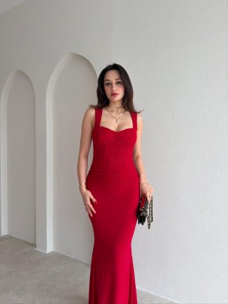 WESLEY Maxi Dantelli Elbise 9004 - Kırmızı - 2