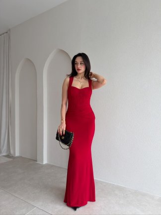 WESLEY Maxi Dantelli Elbise 9004 - Kırmızı - 1