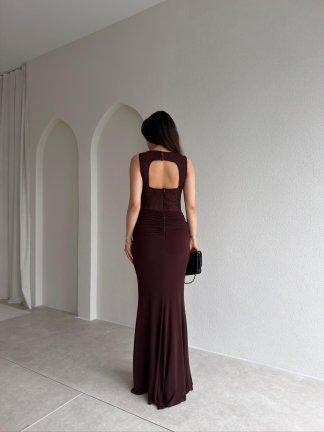 WESLEY Maxi Dantelli Elbise 9004 - Acı Kahve - 3