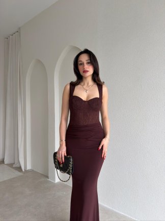 WESLEY Maxi Dantelli Elbise 9004 - Acı Kahve - 2