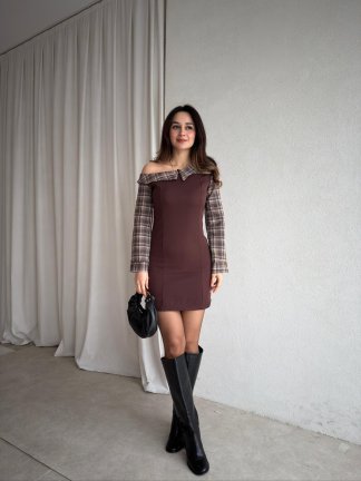 WHİSPER Ekose Yakalı Elbise 8110 - Acı Kahve - 2