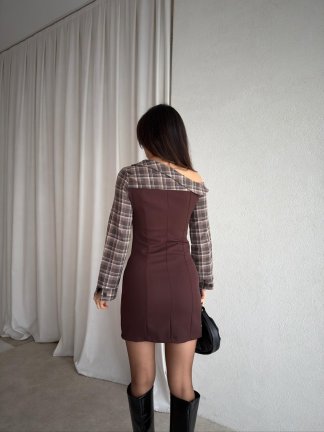 WHİSPER Ekose Yakalı Elbise 8110 - Acı Kahve - 3
