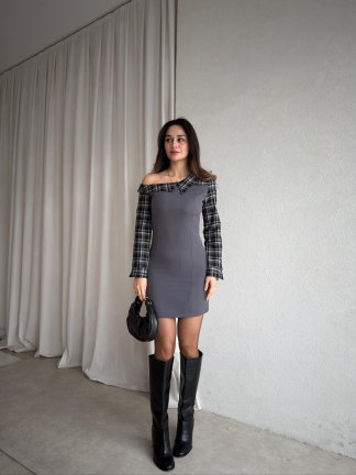 WHİSPER Ekose Yakalı Elbise 8110 - Füme - 2